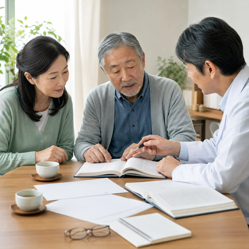 高齢男性と家族が医師と医学書や資料を囲み、認知症の予防とケアについて確認する面談場面