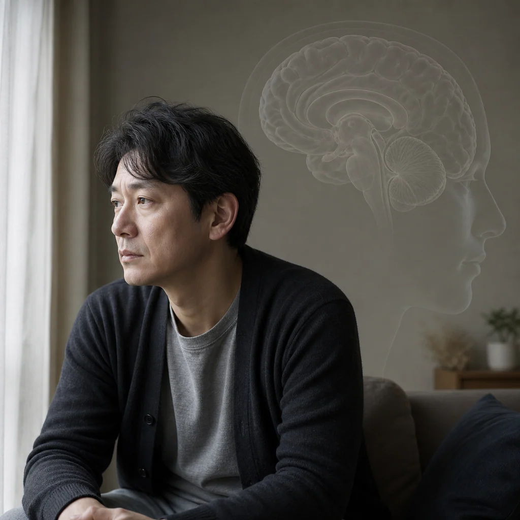 うつ病の基本的な症状と心の状態を示す人物のシルエットと脳の構造