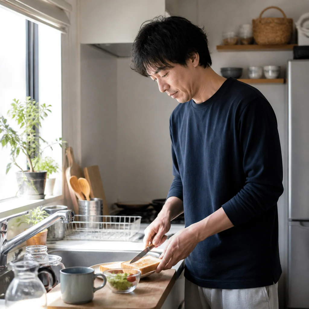 うつ病からの回復期にある人が穏やかな表情で日常生活を送る様子
