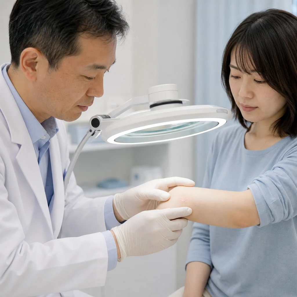 皮膚科医が患者の腕の皮膚を丁寧に視診・触診し、状態を確認する様子