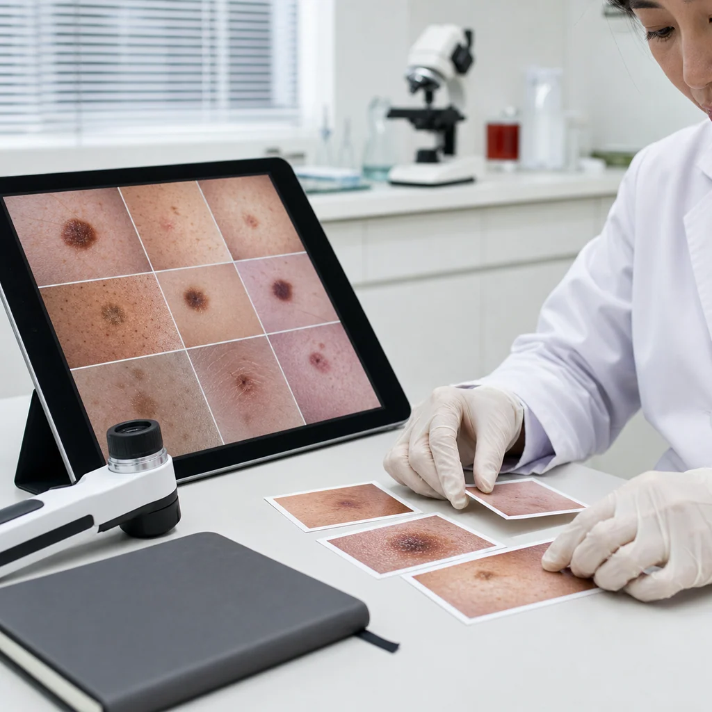 最新の皮膚科医療コラムが掲載されたタブレットと研究資料が並ぶデスク
