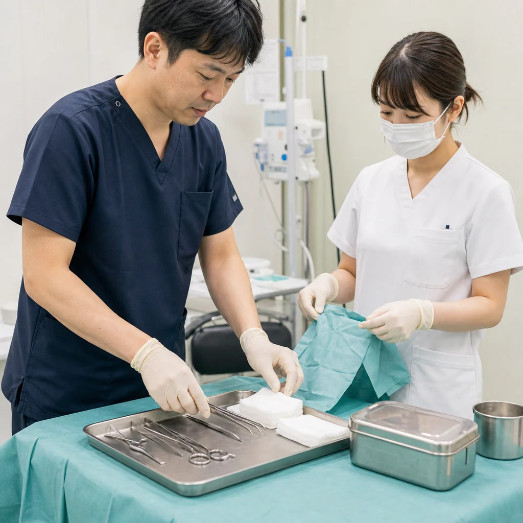 皮膚科での小手術、メスやピンセットを用いた患部除去処置の様子