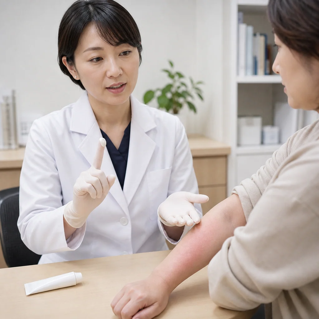 皮膚疾患に塗布される外用薬、肌の炎症を抑える軟膏治療の様子