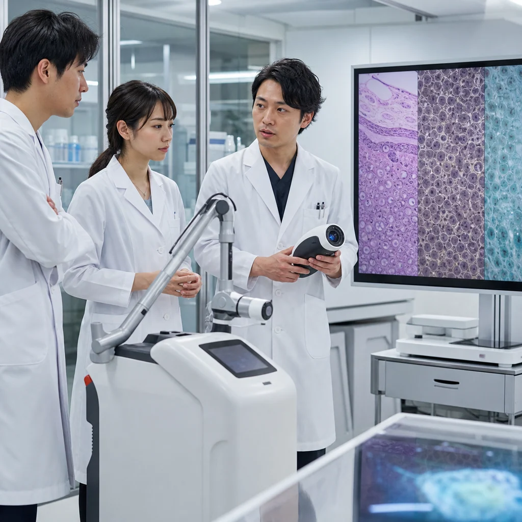 最新の皮膚科治療技術を示す研究資料と医療機器、未来の皮膚医療