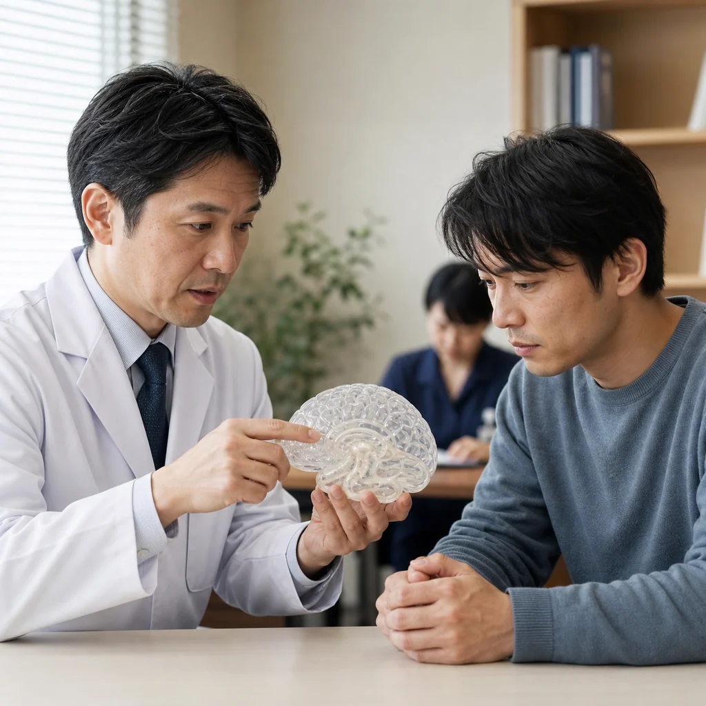 薬物依存の脳内メカニズムを示す図と、回復を目指す人々の道のり