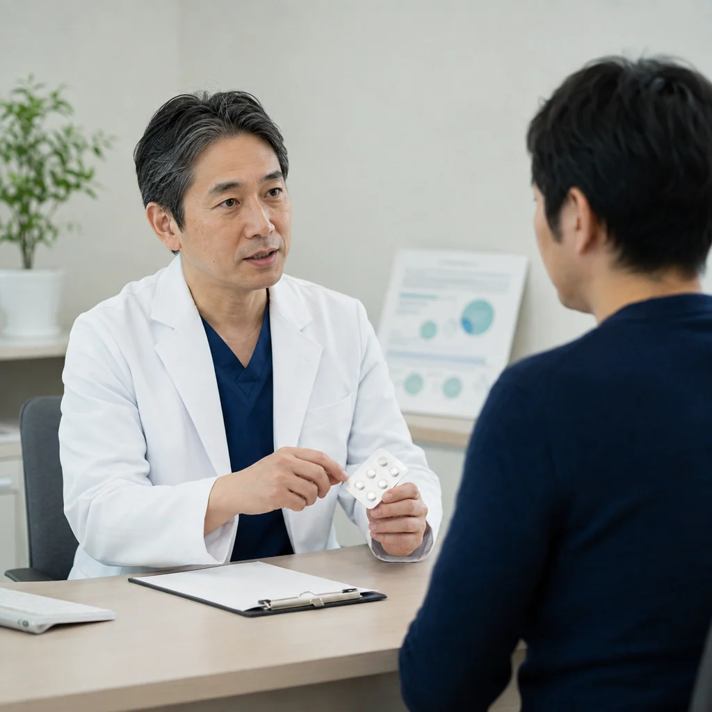 薬のブリスターを示しながら男性患者と話す医師