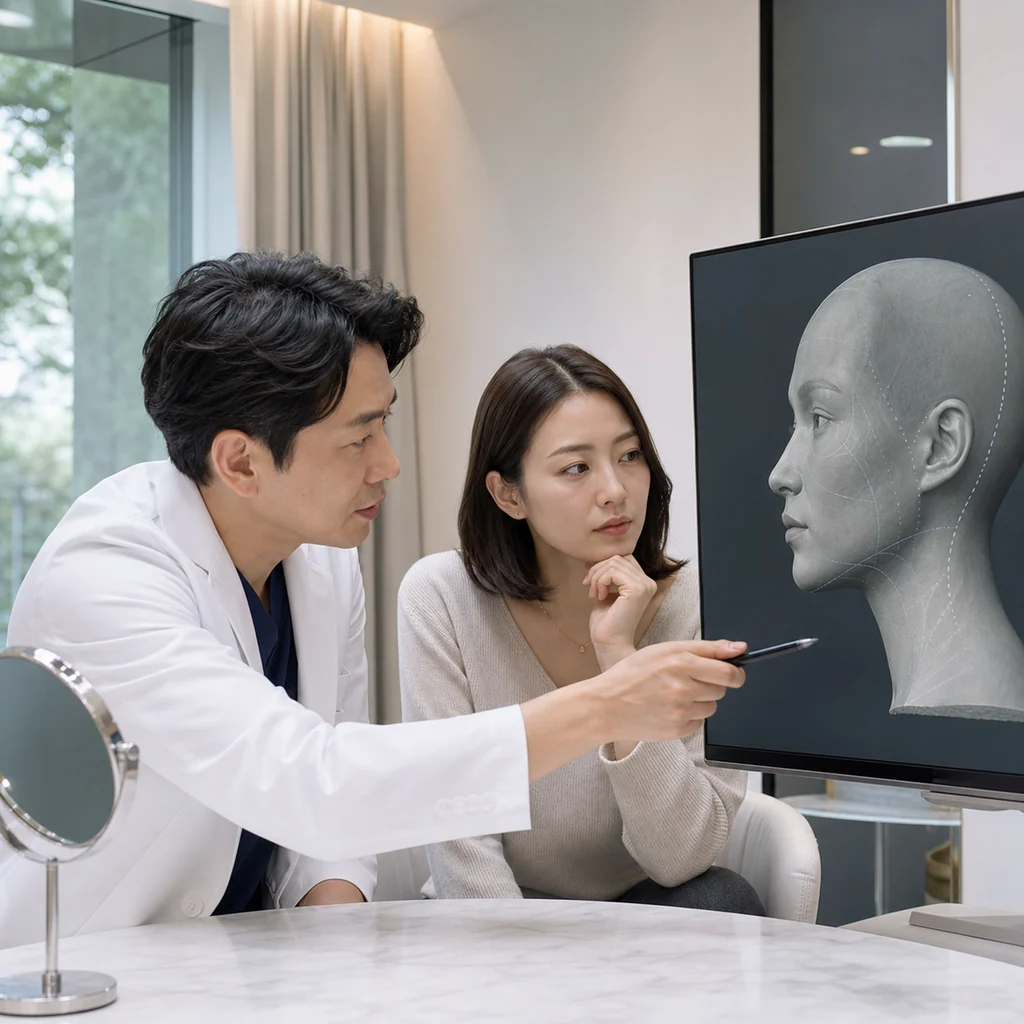 3Dシミュレーションで輪郭複合治療計画を検討する専門医と患者