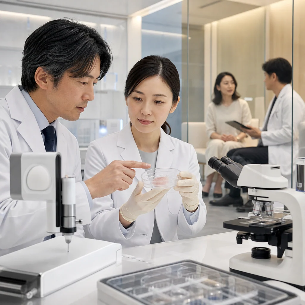 注入治療や再生医療の未来を象徴する、最新医療技術と患者の笑顔が融合したイメージ