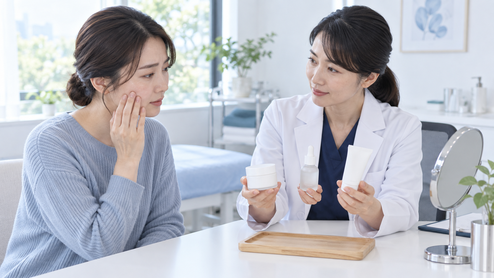 皮膚科医が敏感肌の患者と無表示の保湿剤や美容液を比較する場面