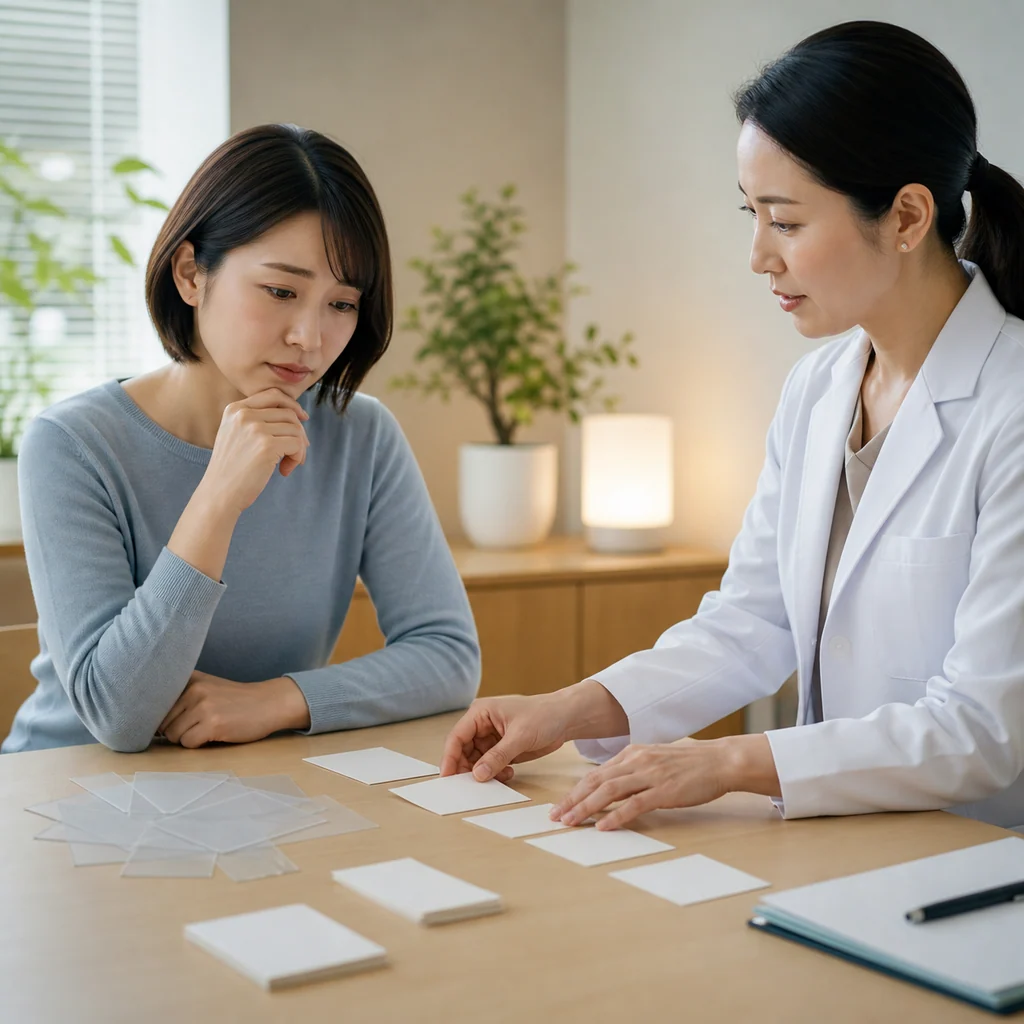 女性医療者が心配を抱える女性と向かい合い、机上の白いカードを並べながら不安への対処を整理する面談場面