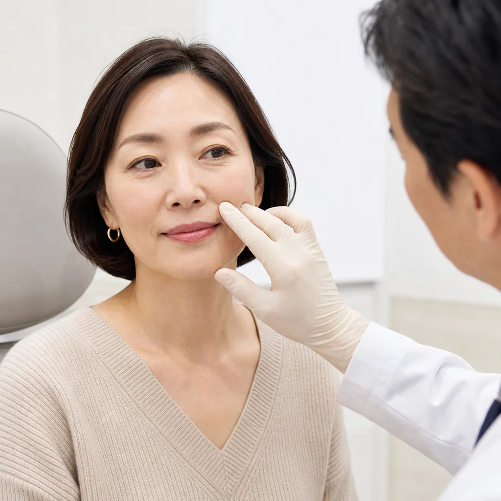 美容皮膚科でのヒアルロン酸注入により、ほうれい線が目立たなくなり若々しい印象になった女性の顔