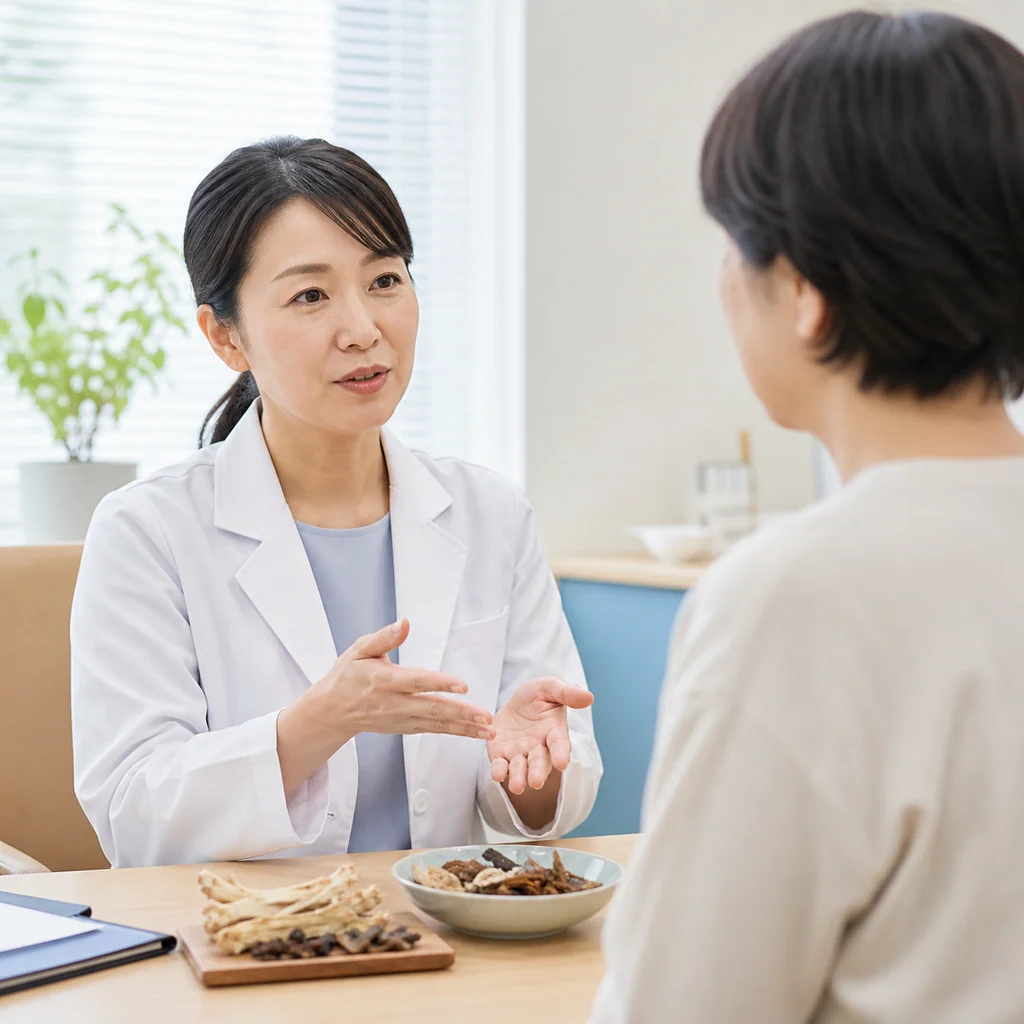 診察室で乾燥生薬を前に、治療中の体調管理について患者へ説明する白衣の医療従事者