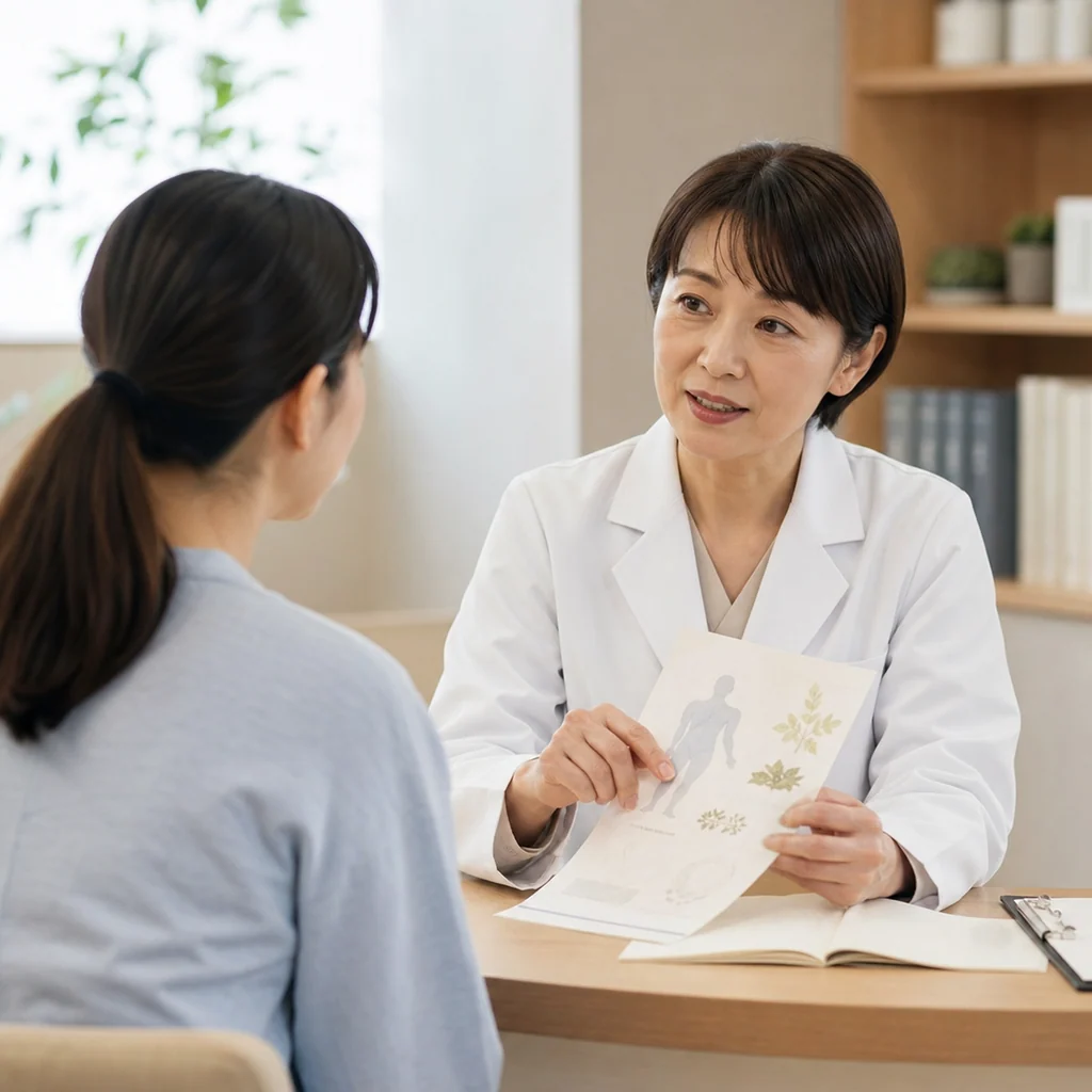診察室で植物素材の資料を示しながら漢方薬について説明する医療従事者と、話を聞く患者