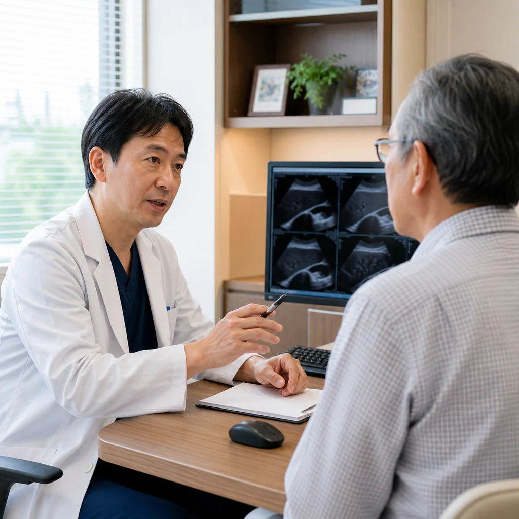 肝硬変の進行段階と、腹水や黄疸などの主な合併症を視覚化
