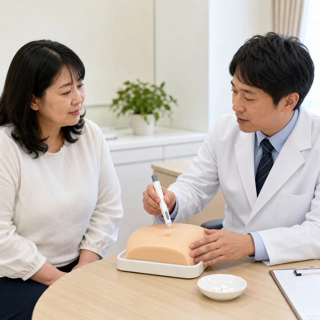 医療痩身でGLP-1受容体作動薬を注射する様子、安全なダイエット治療