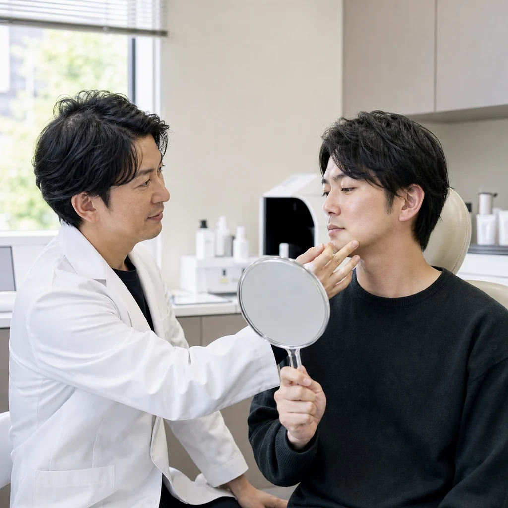 男性の肌悩みに合わせた美容皮膚科での専門的なスキンケア治療風景