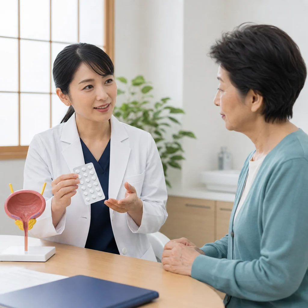 膀胱の模型と薬のブリスターを用いて女性患者に説明する医師