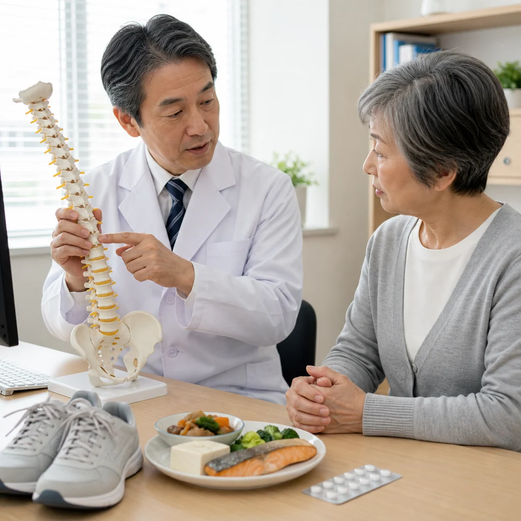 骨粗鬆症の治療方針を示すフローチャート。患者の状態に応じた薬物選択の判断基準が詳細に示されている。