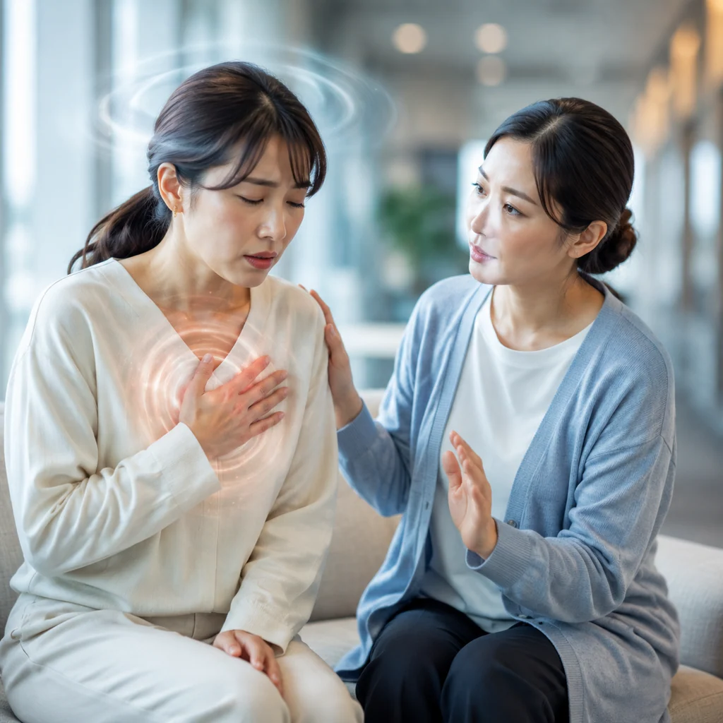 胸に手を当てて目を閉じる女性を、隣の女性が肩に手を添えて落ち着かせる場面