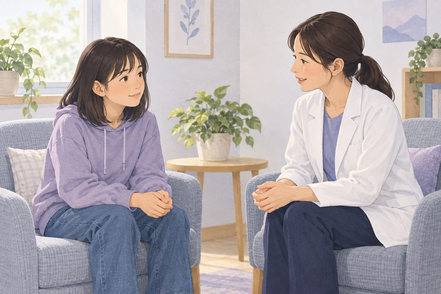 思春期の本人が、落ち着いた相談室で医療者と話しているイラスト
