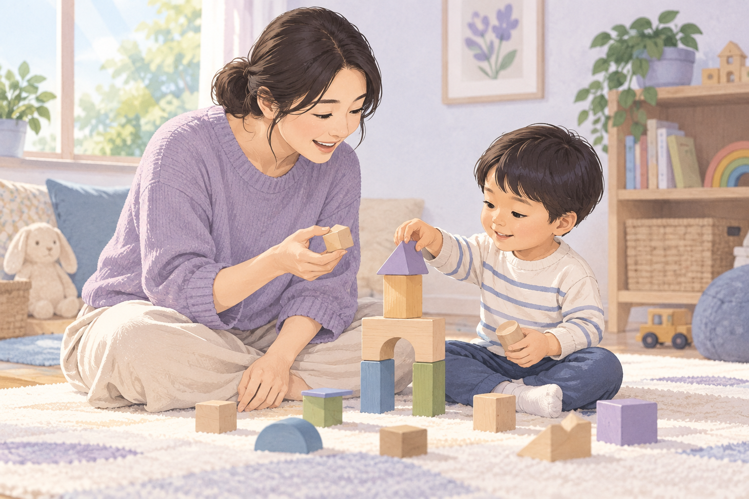 保護者が幼い子どもの目線に合わせて、積み木遊びを一緒にするイラスト