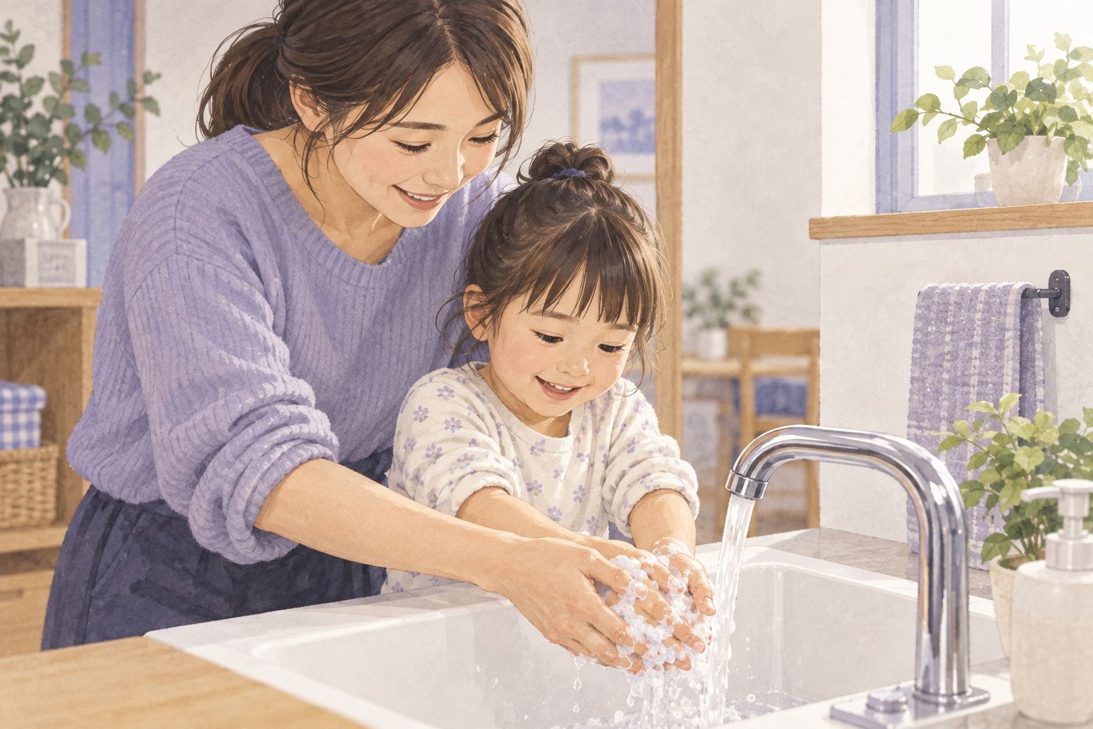 家庭の洗面台で、保護者と子どもがせっけんを使って手を洗うイラスト