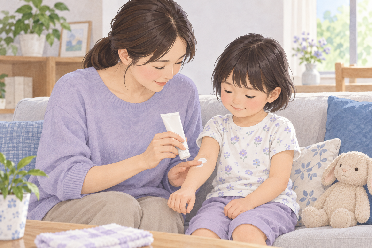 保護者が子どもの腕に保湿剤を優しく塗っているイラスト