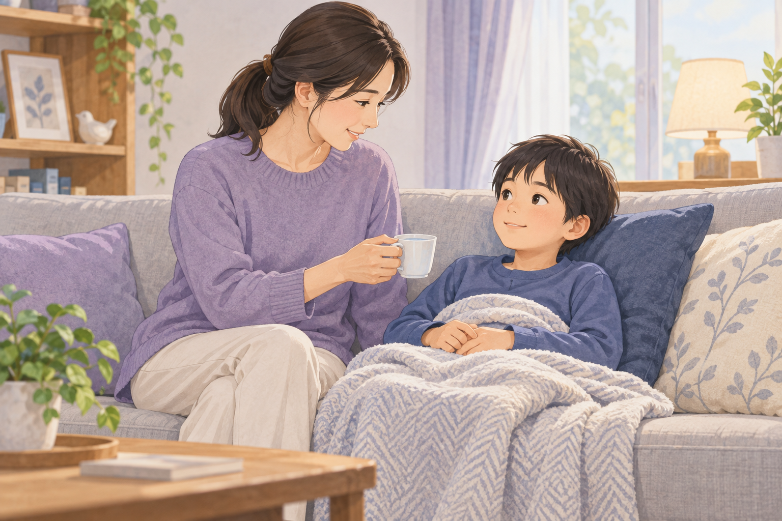 保護者が、ソファで休む子どもにコップの水を差し出すイラスト