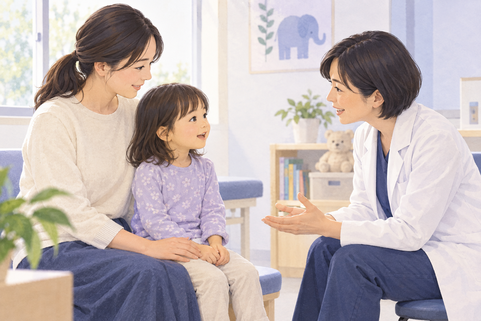 保護者と子どもが、子どもの目線に合わせた医師と話すイラスト