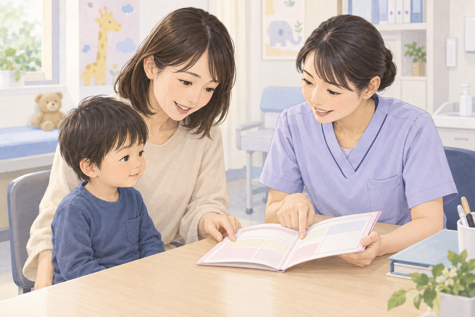 保護者と看護職が、子どもの予防接種の記録を一緒に確認するイラスト