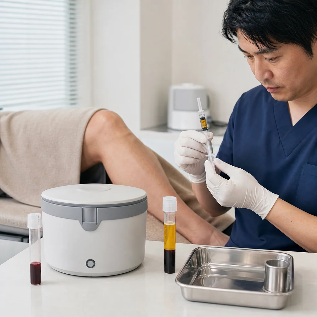 PRP療法で採取した血液から血小板を分離し、患部に注入する再生医療のプロセス