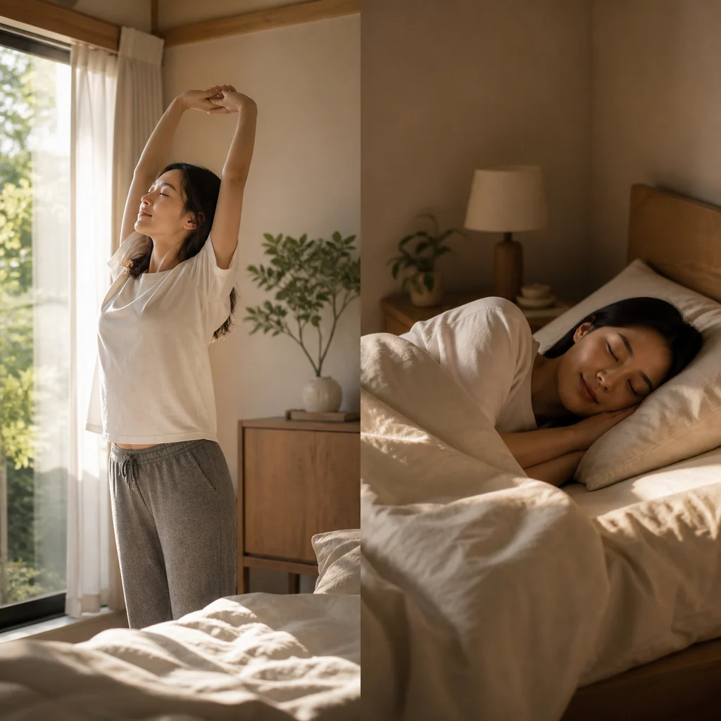 朝日に照らされた部屋でストレッチをする女性と、安らかな寝顔の人物
