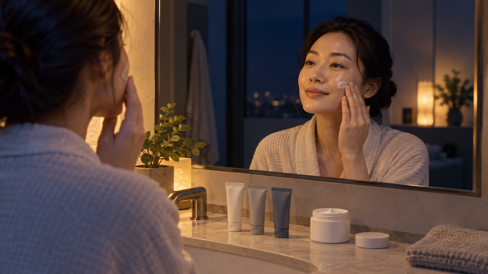 夜に少量のビタミンA系クリームを塗る女性