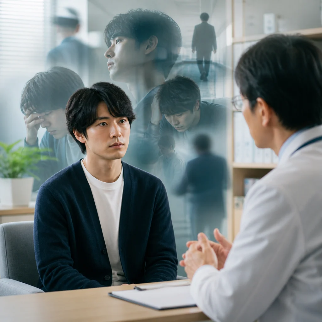 精神科医に相談する男性の周囲に、思考や知覚の変化を表す同じ人物の重なったイメージが描かれた診察場面