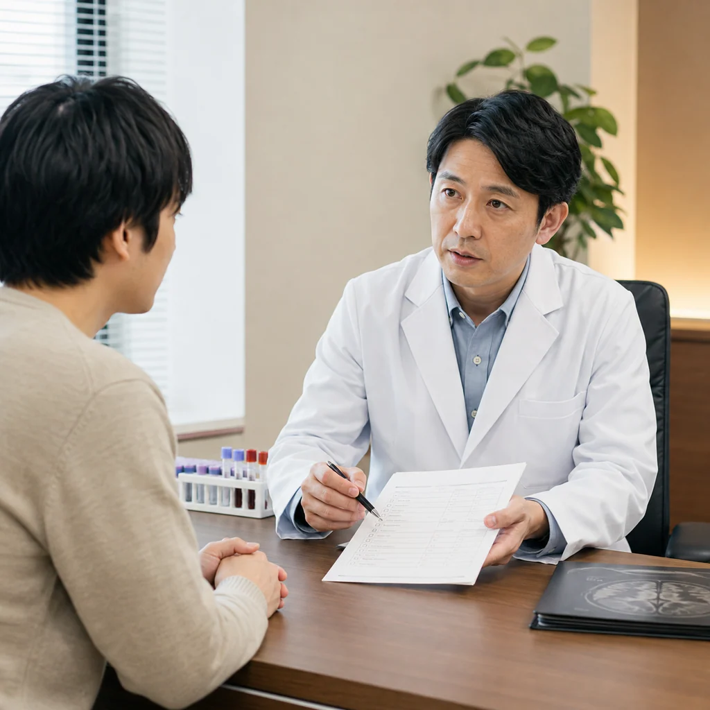 精神科医が成人患者に問診票を示し、机上に採血管と脳画像資料を準備して鑑別を進める診察場面