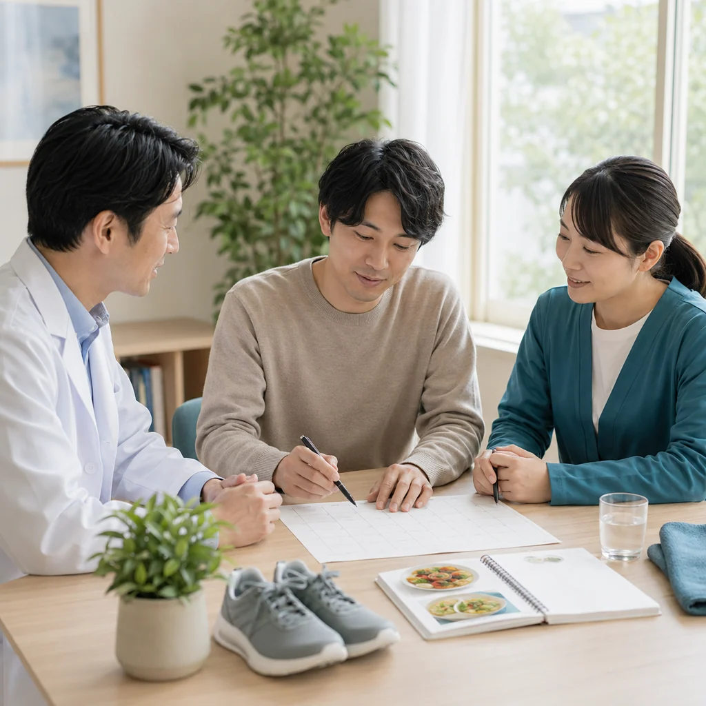 医師と支援者が成人男性と予定表を囲み、運動や食事を含む日常生活の支援計画を一緒に検討する面談場面