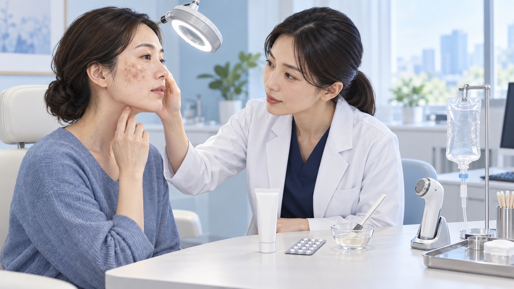 皮膚科医が患者の頬の色素斑を診察する場面