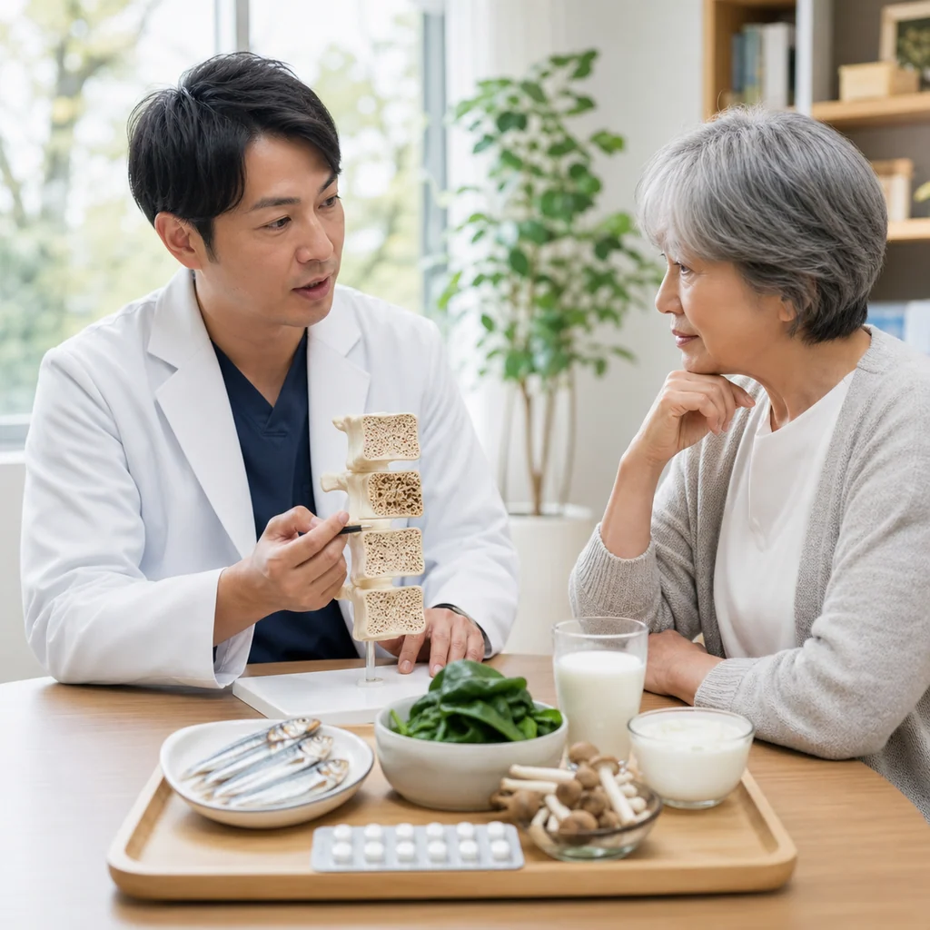 骨の健康維持に不可欠なビタミンDとカルシウム製剤のサプリメント。骨密度向上への寄与が期待される。