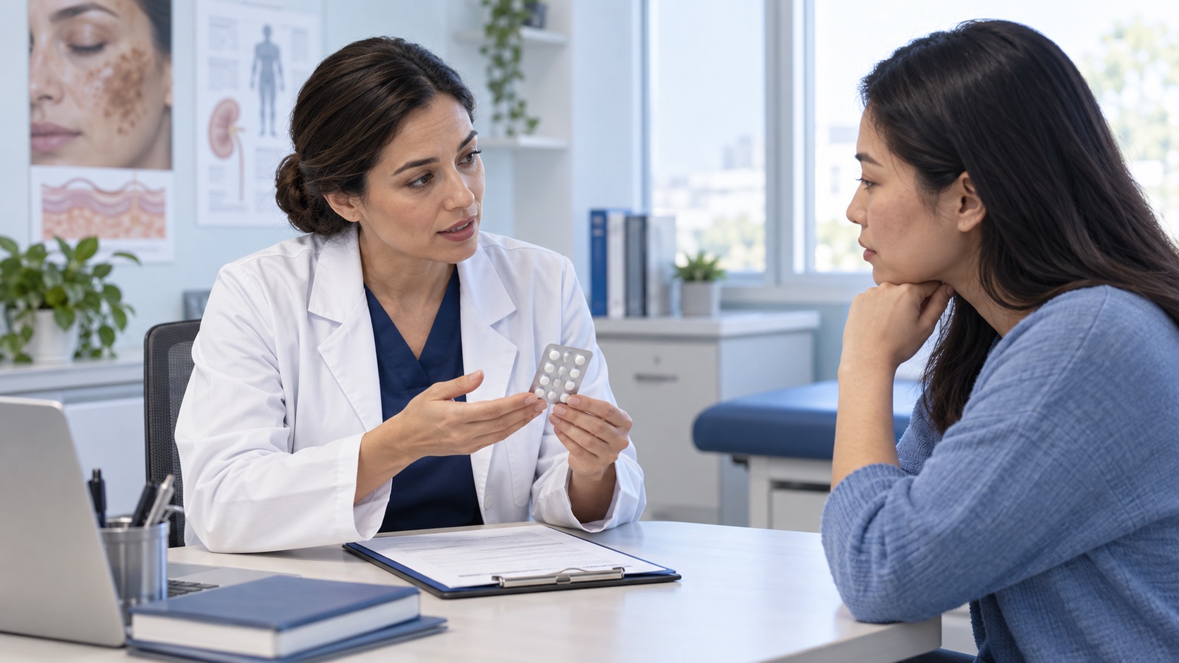 皮膚科医が患者に内服薬の安全確認を行う場面