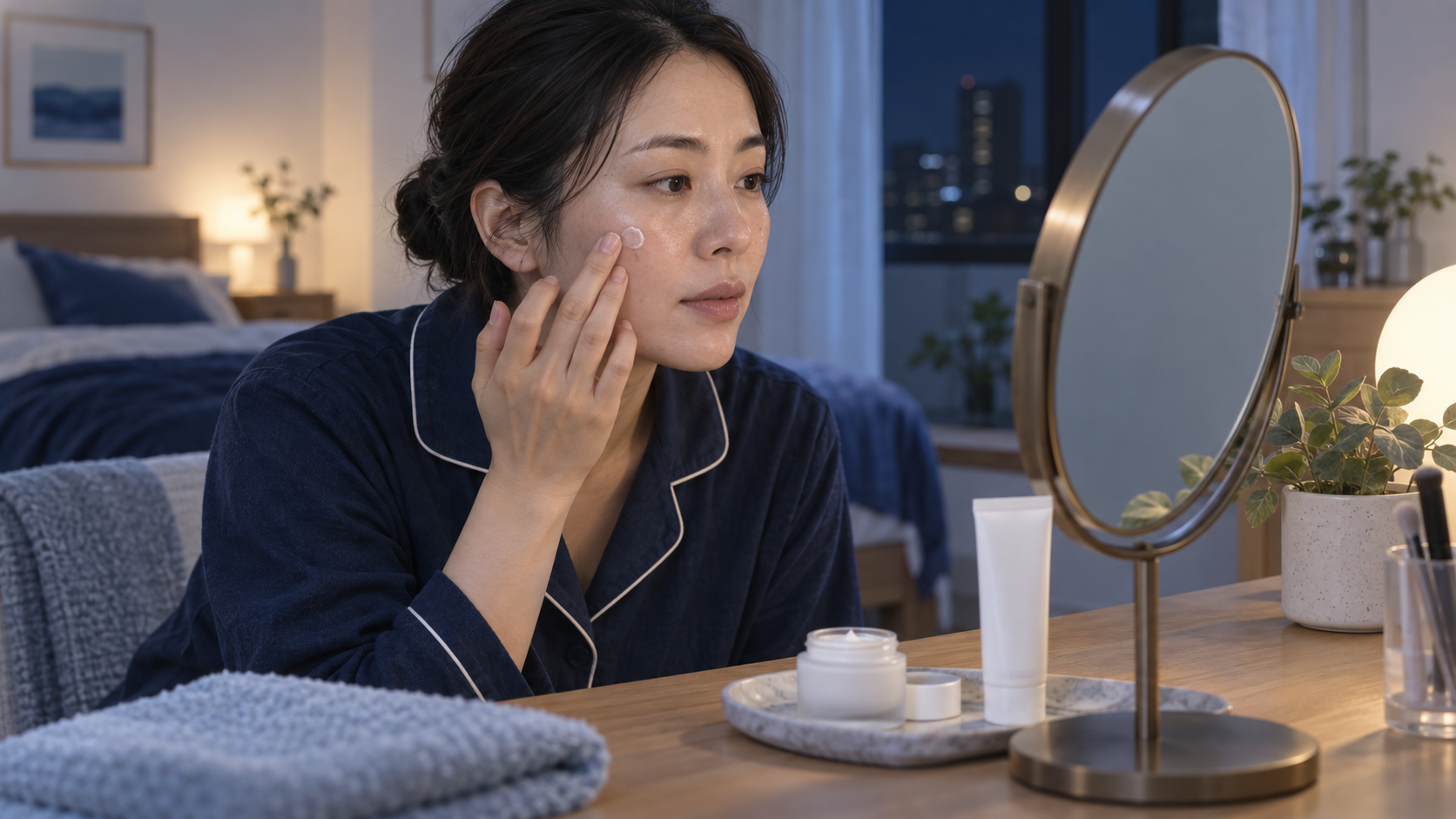 夜に少量の外用クリームを頬へ塗る女性