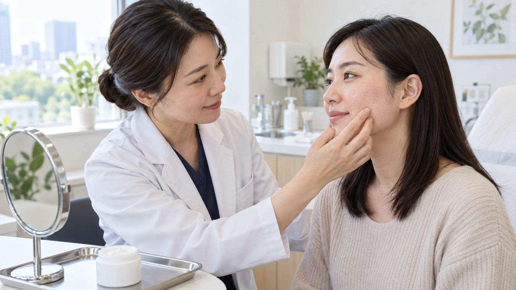 皮膚科医が外用後の軽い頬の赤みを診察する場面