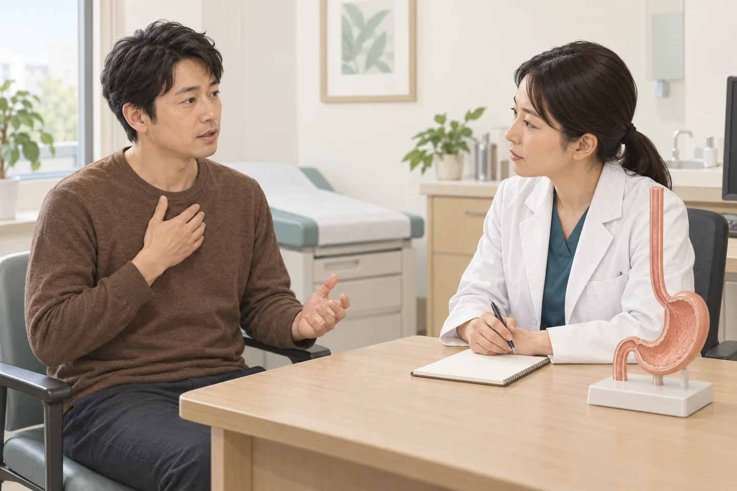 患者が胸のつかえの場所を指し、消化器内科の診察で症状の経過を説明する生成イメージ