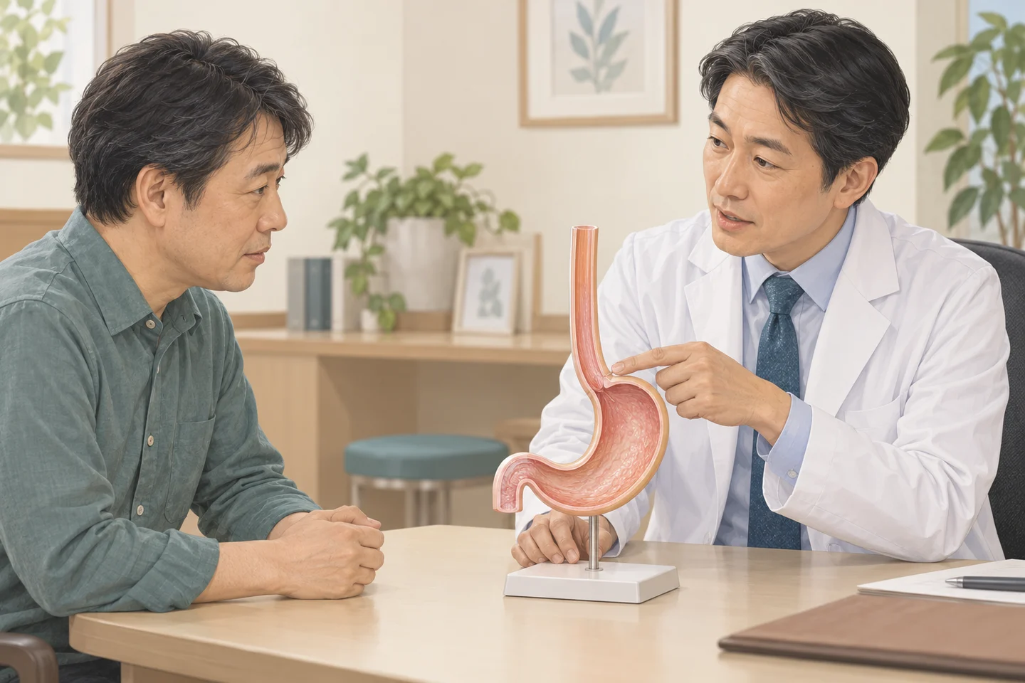 消化器内科医が食道と胃の模型を使い、患者と治療の目的を相談している生成イメージ