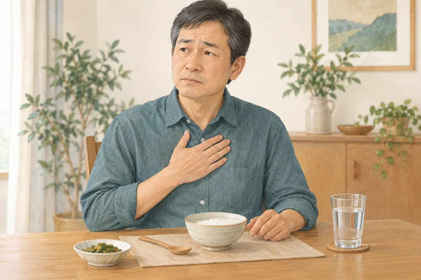 食事中に胸のつかえを感じて手を止め、座ったまま様子を確かめる成人の生成イメージ