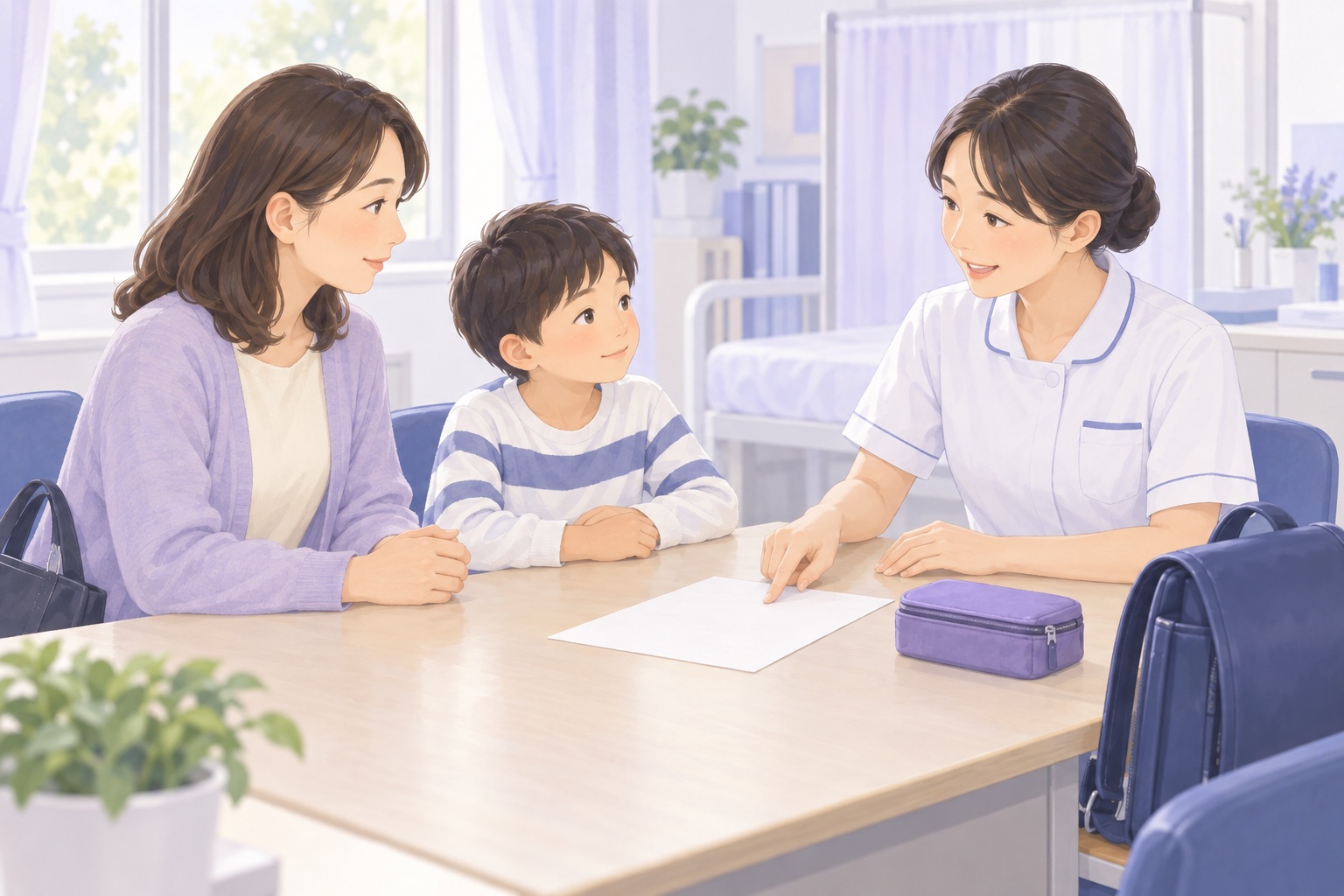 保護者と子どもが養護教諭と緊急時の対応を事前に話し合うイメージイラスト